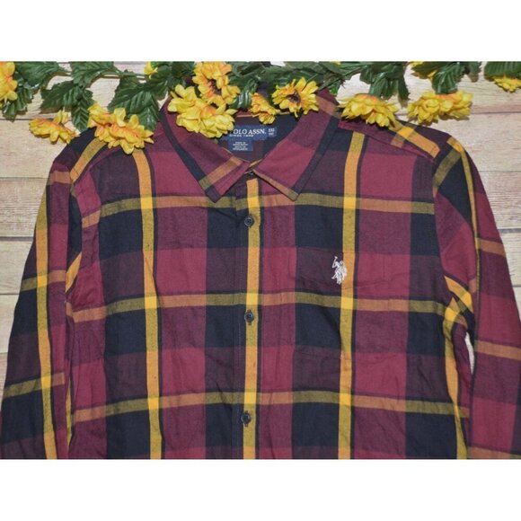 U.S. Polo Assn. Boys Size XXL Flannel Shirt Button Down Preppy Maroon & Black - Picture 2 of 8